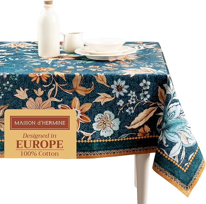 Maison d' Hermine Table Cloth Square Table 100% Cotton 54 x 54 Inches Fall Tablecloth Reusable Everyday Use for Thanksgiving Christmas Decorations Dining Farmhouse Party (Luxury Loft - Dark Teal)