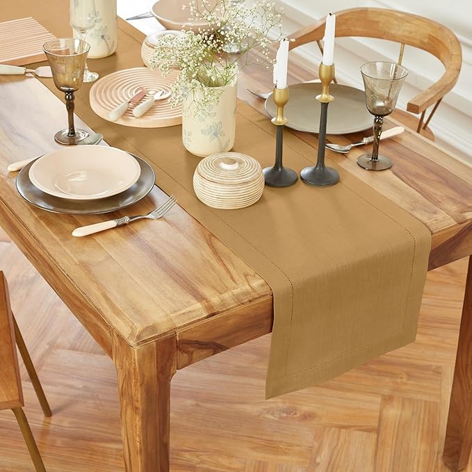 Solino Home Linen Camel Hemstitch Table Runner 48 Inches - 100% Pure Linen Small Table Runner 14 x 48 Inch Ideal for Dresser and Coffee Tables - Medium Weight