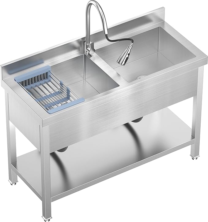 46.9Inch 2-Compartment Stainless Steel Utility Sink with Pull-out Faucet, Free Standing Double Bowl Kitchen Sink for Restaurant, Garage, Shop, Cafe, Outoor