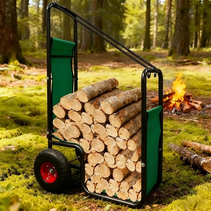 Kapler Firewood Cart with Wheels - Heavy Duty Steel Dolly Hauler & Wear-Resistant PVC Coated Oxford Fabric - 250 LB Capacity for Indoor Outdoor Fireplace Fire Pit Use
