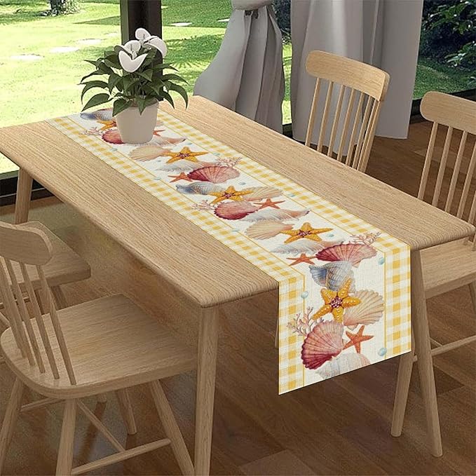 Coastal Table Runners, Yellow Plaid Buffalo Nautical Ocean Starfish Coral Seashell Pearl Beach Summer Coffee Table Center Decor for Family Wedding Holiday Party Farmhouse Table Decorations, 13" X 72"