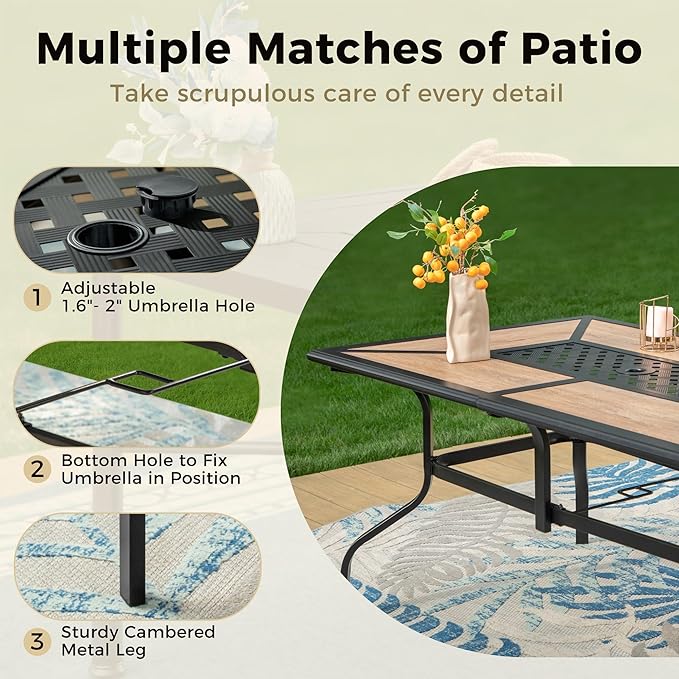 Outdoor Patio Dining Table for 6, 61" x 38" Rectangular Metal Patio Dining Table with Umbrella Hole for Garden, All Weather Wrought Iron Black Outdoor Table Backyard and Porch
