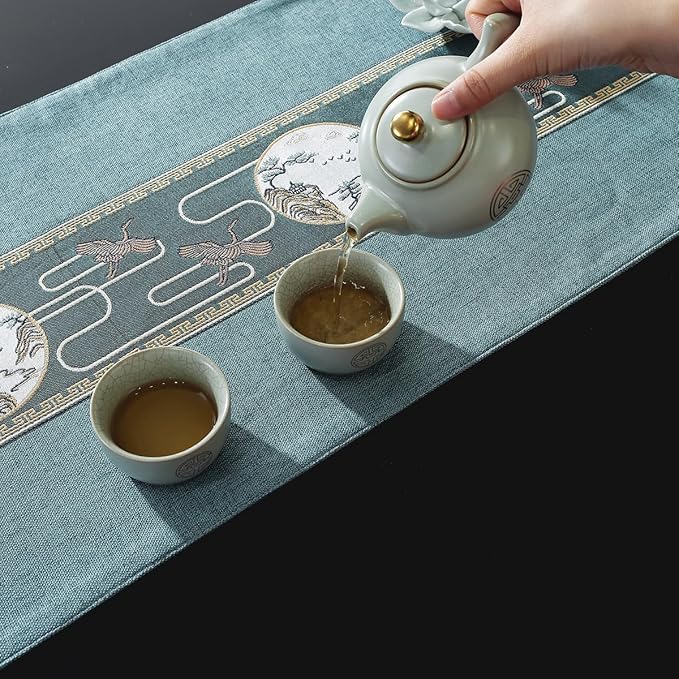 Embroidered Tassel Table Runner Chinese Style Landscape Painting Waterproof Cotton Linen Holiday Kitchen Dining Table Decoration for Home Party Decor 13x72 Inch (Blue)