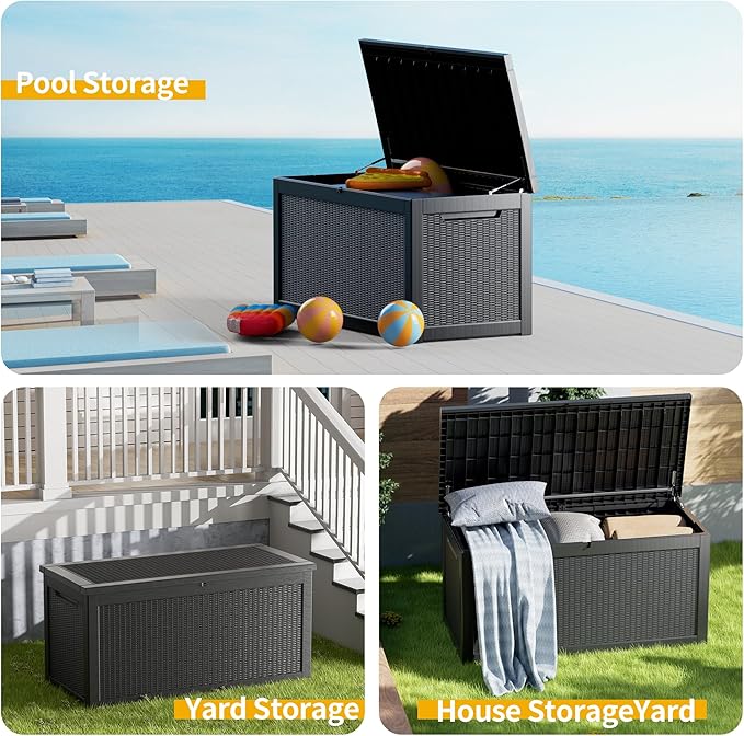 320 Gallon Deck Box, Resin Outdoor Indoor Waterproof Storage Box, Lockable Storage Box With Handle for Patio Furniture - Garden Tools - Swimming Pool Tools UV-Resistant - Black (320)