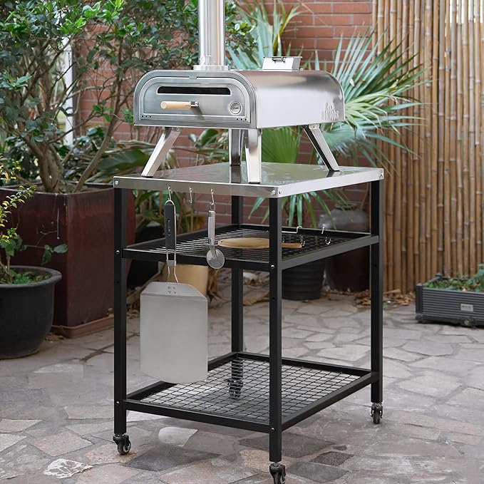 Stainless Steel Grill Cart with Cover Pizza Oven Stand with Water-proof Cover Trolley Table with Wheels Three-Shelf Movable Food Prep and Work Table Heavy Duty Grill Cart Outdoor 31.5"×24"×35.5"