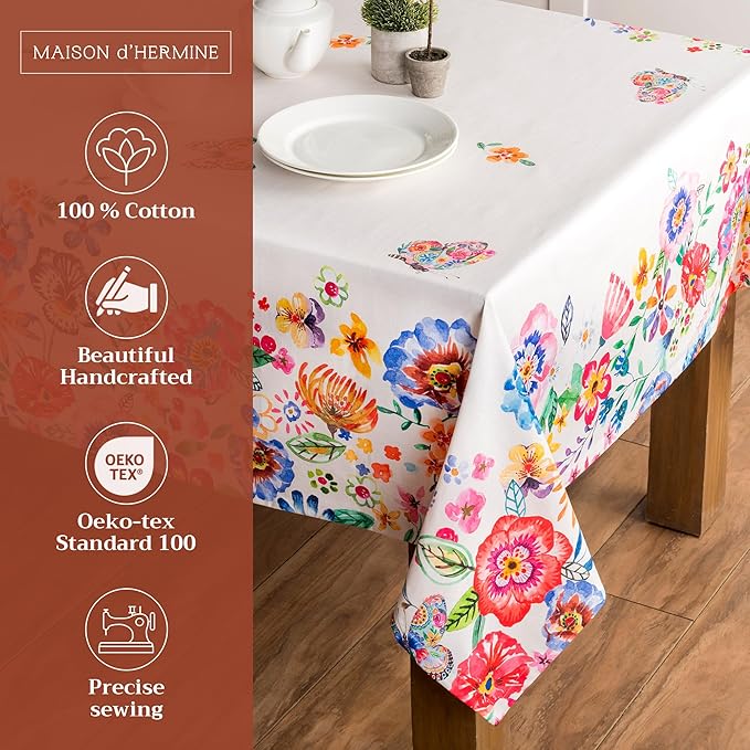 Maison d' Hermine Table Cloth Rectangle Table 100% Cotton 54 x 72 Inches Tablecloth Reusable for Dining Room, Farmhouse, Home, Party, Festive & Wedding Spring Summer - Happy Florals - High Summer