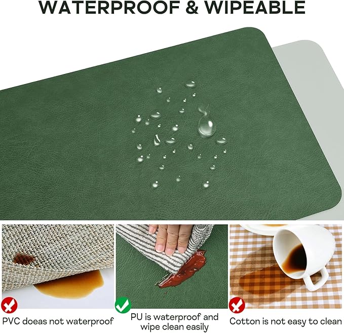 Faux Leather Placemats Set of 6 Table Mats Heat Resistant Reversible Place Mats, Waterproof Wipeable Dining Table Placemats for Home Party Outdoor, 15.8 × 11.8 inches (Green/Grey)
