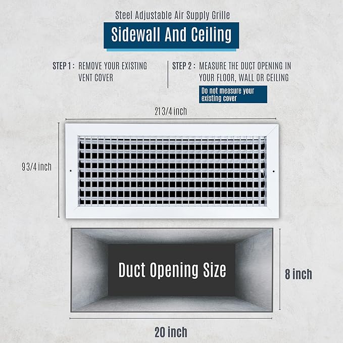 Fits 20x8 Duct Opening Steel Adjustable Air Supply Grille by Handua | Register Vent Cover Grill for Sidewall and Ceiling | White | Outer Dimensions: 21.75" X 9.75"