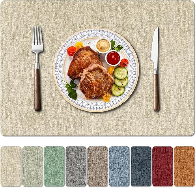 Faux Leather Heat Resistant Placemats Set of 8 – Waterproof Oilproof Wipeable Dining PU Vinyl Place Mat Easy Clean Table Mats for Kitchen/Dining/Party/Holiday, Beige