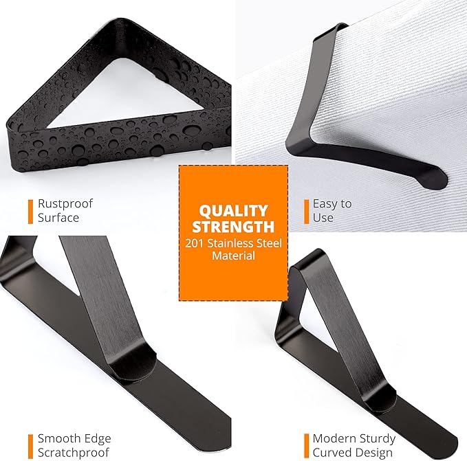 Tablecloth Clips Black - 12 Pack Stainless Steel, Rust Proof & Non-Slippery Table Cloth Holding Clip - Perfect for Restaurants, Picnic, Party, Outdoor Dining - Fits Up to 1.8 Inch Thick Table