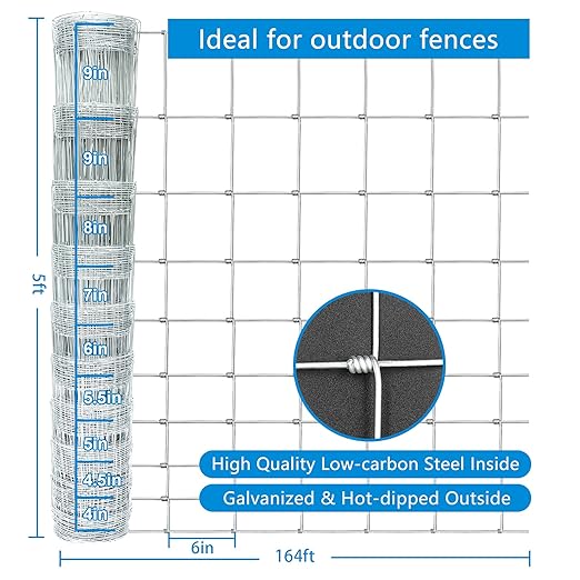 Farm Fence 5ft x 164ft Heavy Zinc Coating Cattle Fence,Galvanized Field Wire Fencing Deer Fence,Goat Fence,Hog Wire Fencing for Yard Livestock & Animals Protection