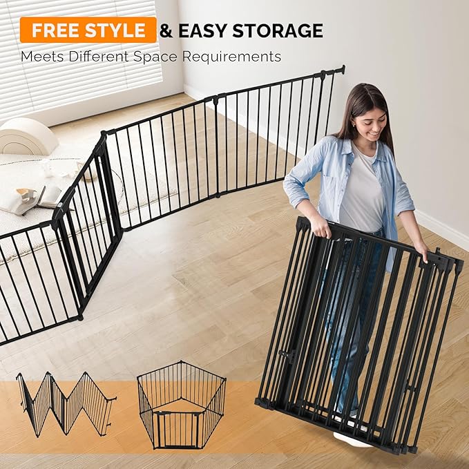 Bonnlo Baby Safety Gate, 82-Inch Configurable Walk-Through Fence for Toddler/Pet/Dog/Cat/Puppy, Adjustable Metal Barrier for Fireplace/Stairs/Doorways