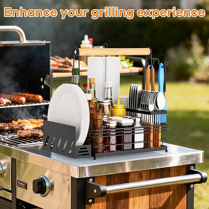 Grill Caddy, BBQ Caddy with Paper Towel Holder & Utensil Holder, Picnic Caddy Organizer for Outdoor Cooking, Camping Essentials, Tailgating, Camping Must-Have for Patio, RV, Camper