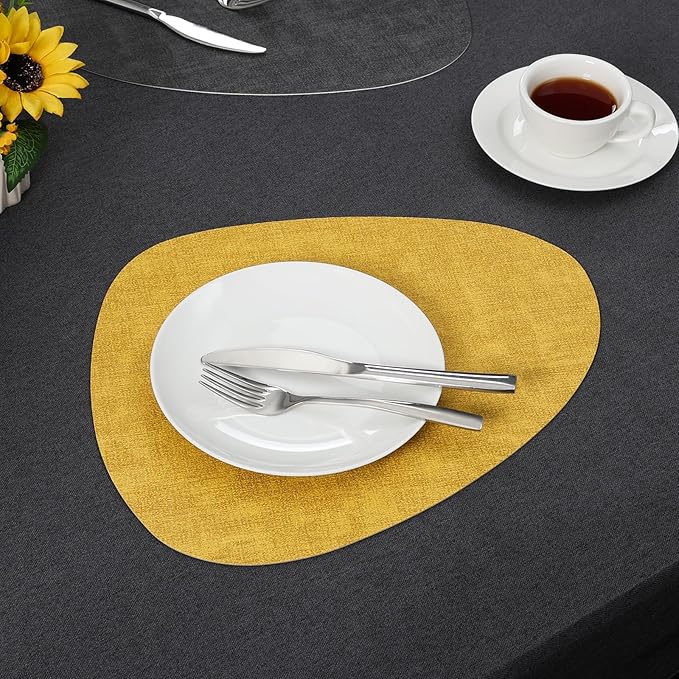 Placemats and Coasters, Washable Reversible Placemats Round Faux Leather Wipeable Place Mats Non Slip Heat Resistant Indoor Outdoor Table Mats (Set of 4, Gray Yellow)
