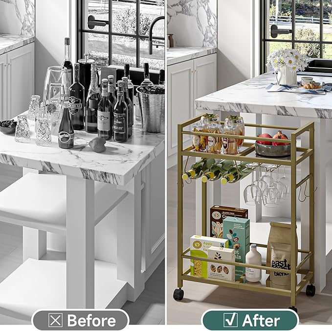 Bar Cart, Serving Cart for Home, Microwave Cart, Drink Cart, Wine Cart with 2 Mirrored Shelves, Wine Holders, Glass Holders, for Kitchen, Dining Room(Gold)