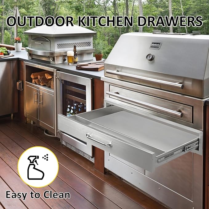 Outdoor Kitchen Drawers 30" W x 6.5" H x 23" D Flush Mount BBQ Single Drawers with Divider,Built-in Stainless Steel Drawer with Chrome Handle for Outdoor Kitchen Island Patio Grill Station