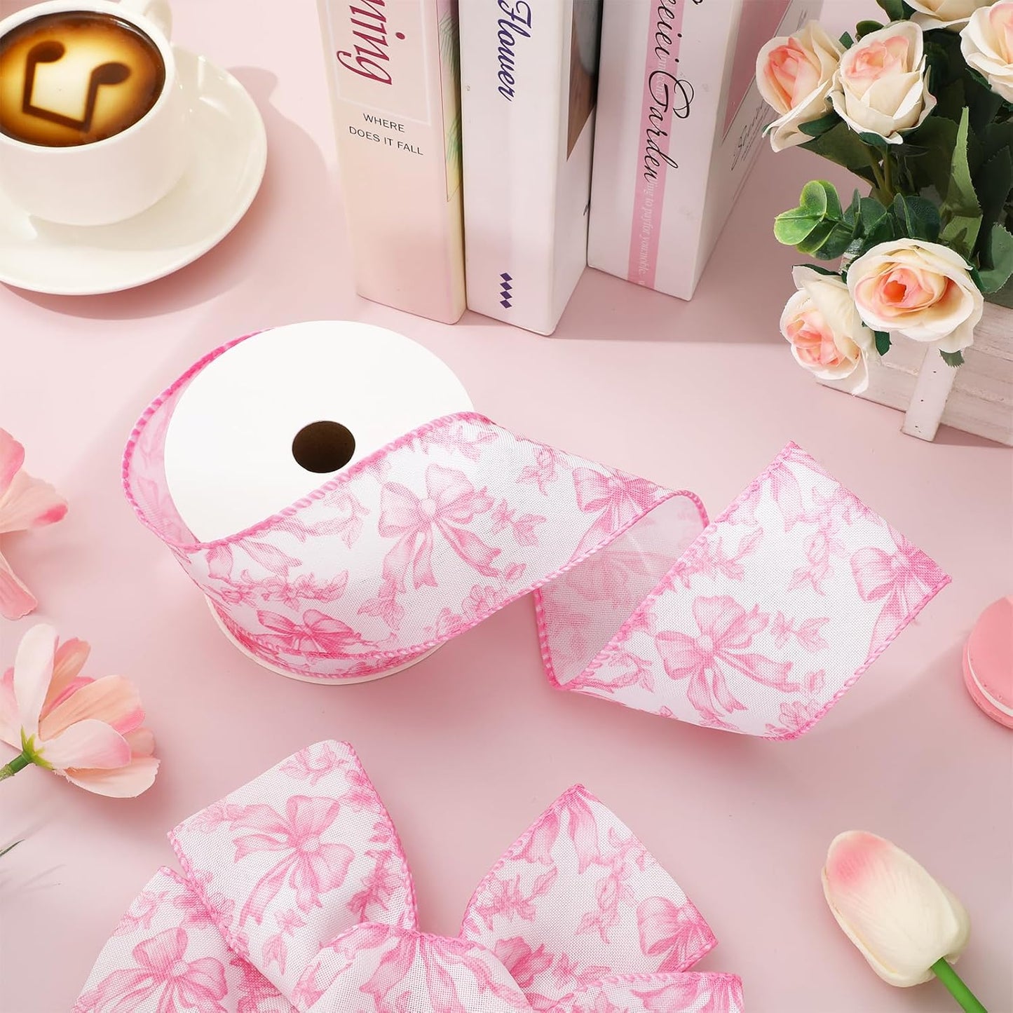 Pink Floral Bow Wired Edge Ribbon Chinoiserie Flower Bowknot Fabric Ribbon for DIY Crafts Wreath Bow Making Supplies, 12 Yard