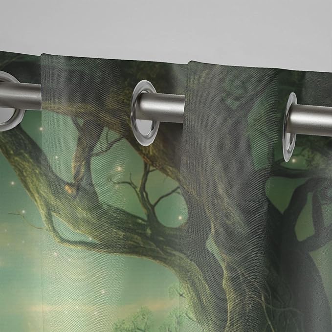 Forest Theme Waterproof Indoor/Outdoor Curtains,Trees Moon Lake Pattern,Privacy Weatherproof Grommet Outside Curtains for Porch, Pergola, Cabana,2 Panel,W54 x L96,Green