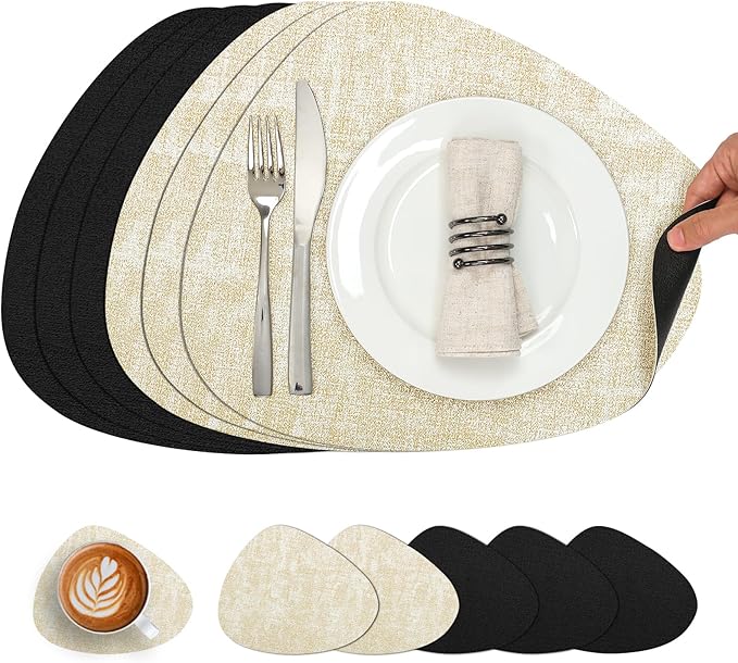 Placemats and Coasters, Washable Reversible Placemats Round Faux Leather Wipeable Place Mats Non Slip Heat Resistant Indoor Outdoor Table Mats (Set of 6, Cream Black)