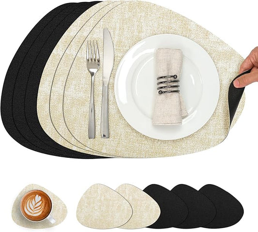 Placemats and Coasters, Washable Reversible Placemats Round Faux Leather Wipeable Place Mats Non Slip Heat Resistant Indoor Outdoor Table Mats (Set of 6, Cream Black)