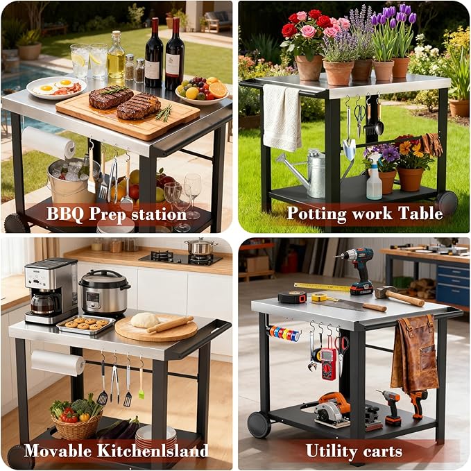 34" x 24" Movable Stainless Steel Flattop Grill Cart for Ninja Woodfire & Blackstone Griddles, Pizza Oven Table for Outside, Extra-Wide Stainless Steel Cart with Wheels for Kitchen Food Prep Table
