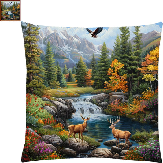 Fanxvivy Stamped Cross Stitch Kits for Adults Beginners Pillow Needlepoint Kit with Embroidery Pattern Needlework Kit Prestamped Stitches Kit 11CT Cross Stitching-Deer Landscape 18x18 inch