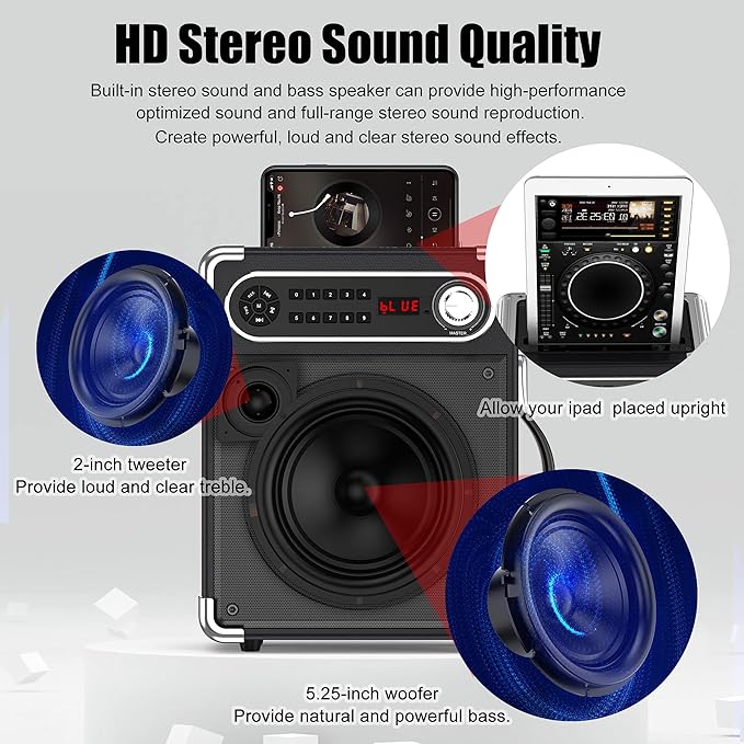 JYX Karaoke Machine with Two Wireless Microphones, Portable Bluetooth Speaker with Bass/Treble Adjustment, PA System with Remote Control, LED Lights,Supports TF Card/USB, AUX IN, FM, REC,TWS for Party