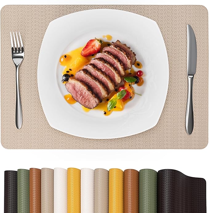 Faux Leather Placemats Set of 6 – 17x12 Inch Vinyl Table Mats, Heat Resistant, Non Slip, Wipeable & Washable, Easy to Clean Dining Table Decor for Kitchen & Dining Room（Light Taupe）