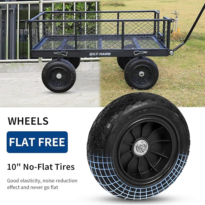 BILT HARD 880 lbs 10" Tires Steel Garden Cart with 180° Rotating Handle and Removable Sides, Heavy Duty 4 Cu.Ft Capacity Utility Garden Carts and Wagons, Black