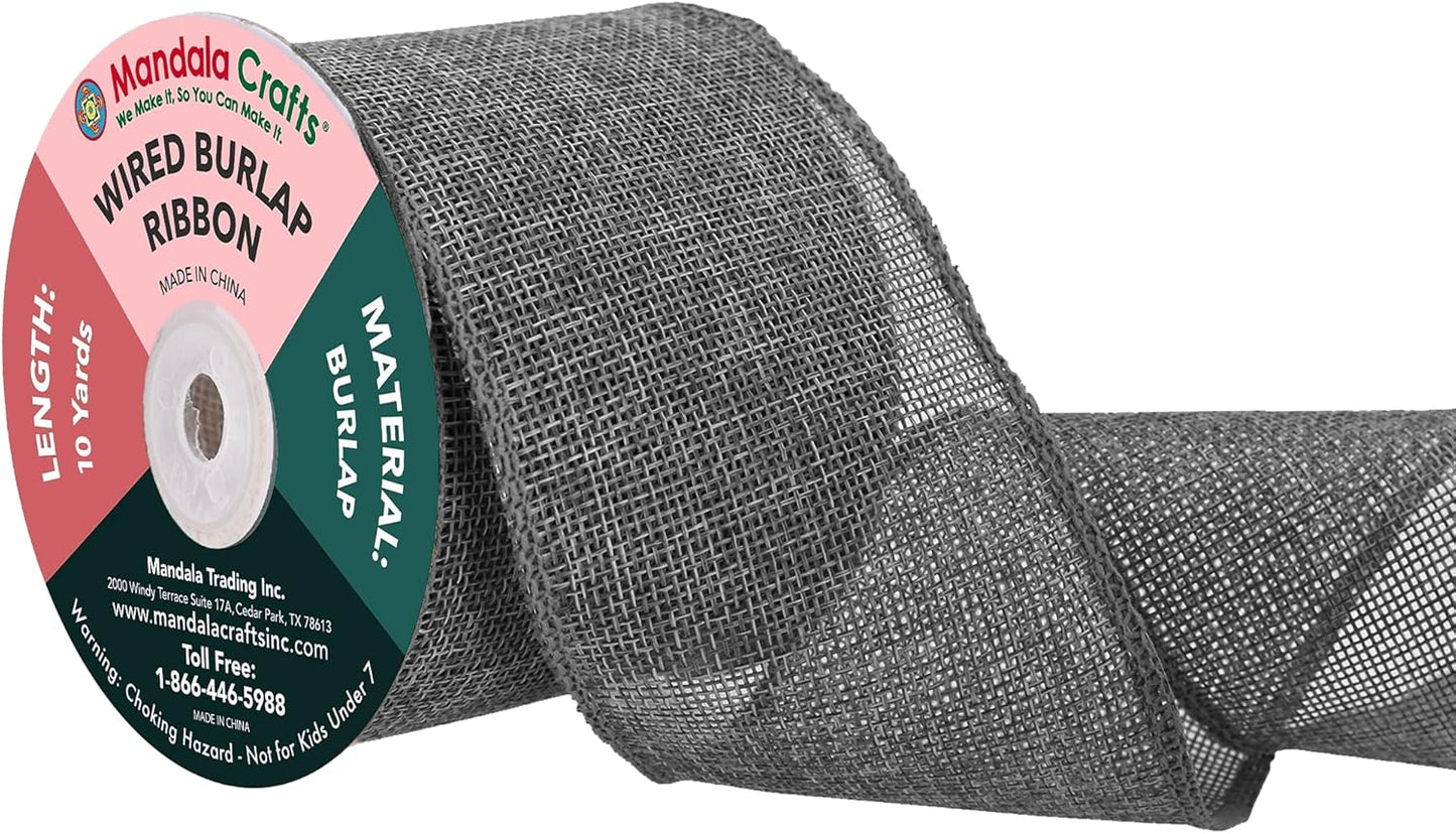 Mandala Crafts Gray Burlap Wired Ribbon 3 Inches Wide Jute Ribbons for Crafts - 10 Yds Roll Rustic Burlap Wrap Trim Ribbons for Wreaths Bows Party Decoration