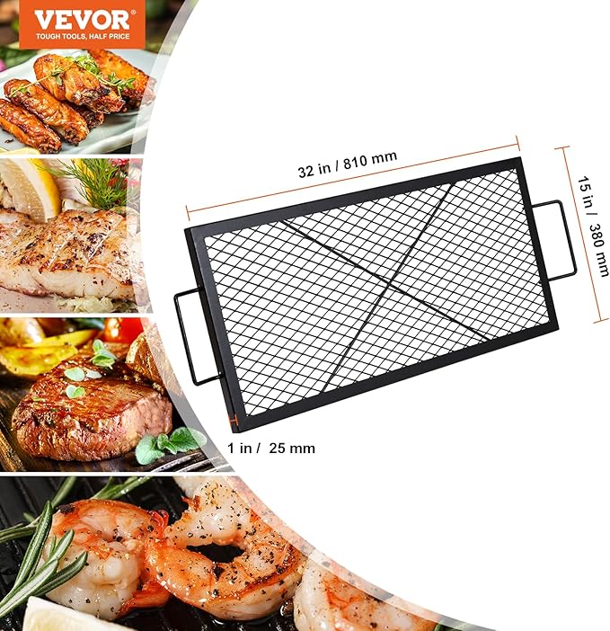 VEVOR X-Marks Fire Pit Grill Grate, Rectangle Cooking Grate, Heavy Duty Steel Campfire BBQ Grill Grid with Handle & Support X Wire, Portable Camping Cookware for Outside Party Gathering, 32 Inch Black