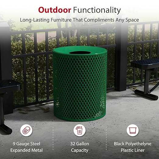 Leisure Craft Heavy-Duty 32 Gallon Receptacle, Portable, Liner Included, Made with Heavy-Gauge Metal and a Durable Thermoplastic Coating, Commercial Outdoor Park Receptacle, Made in The USA