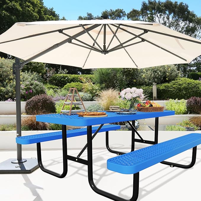 6FT Picnic Tables for Outdoors, Rectangular Commercial Metal Picnic Table Bench Set with Umbrella Hole,Heavy Duty Steel Weather-Resistant Dining Table for Patio Dining Garden Backyard BBQ School