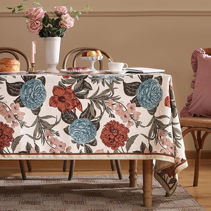 Designer French Linen Tablecloth for Square Tabl,Red and Blue Floral Rustic Durable Tablecloths,Decorative Table Cover for Kitchen Dining Thanksgiving,Farmhouse,67" × 67"-Burgundyred