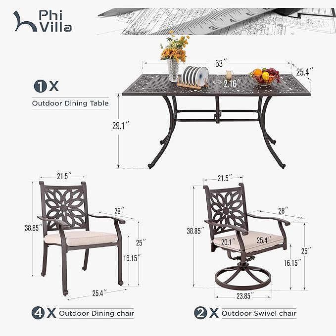 PHI VILLA Cast Aluminum Patio Dining Set for 6 Person, 7 Piece Outdoor Patio Set with 64" x 37" Cast-Top Aluminum Table(2.3" Umbrella Hole), 4 Dining Chairs and 2 Swivel Rockers with Seat Cushions