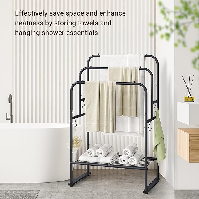 ELYKEN 40'' Tall Standing Towel Racks, 3 Tier Towel Drying Rack Outdoor, Pool Towel Stand Blanket Holder with Shelf & 4 Removable Hooks, Metal Freestanding Towel Racks for Bathroom, Matte Black