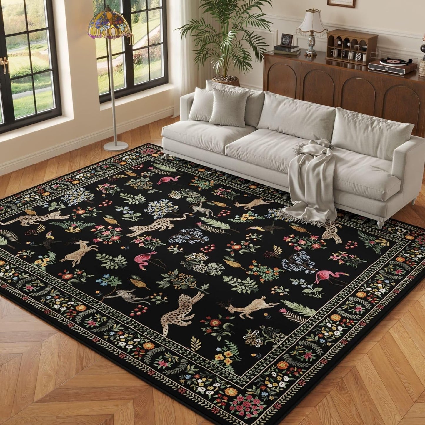Rugcomf Living Room Rug 5x7 Rug Machine Washable Boho Area Rug Non Slip Floral Animal Vintage Low Pile Large Rugs for Living Room, Bedroom, Farmhouse, Dining Room, Kids Playroom (Black)