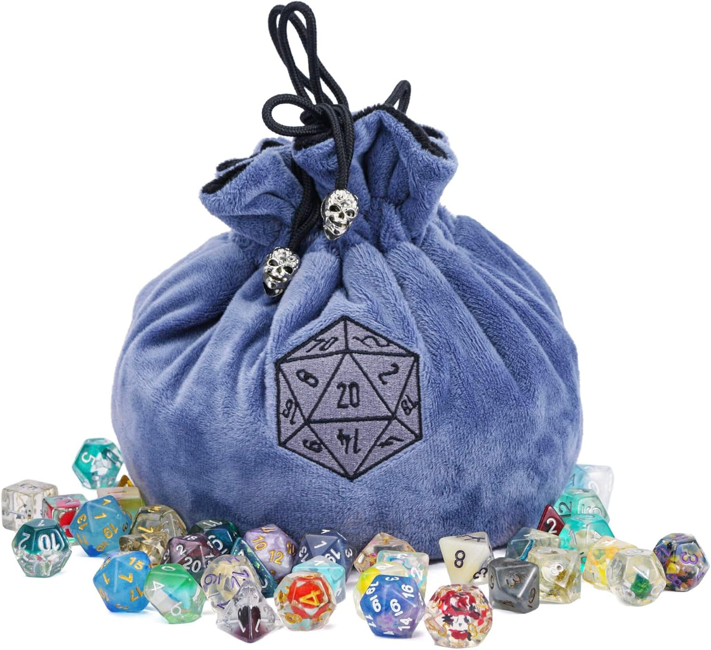 Large Dice Bags with Pockets Blue Storage Bag D20 Logo for DND RPG Game Dices (with 1lb Random DND Dice)