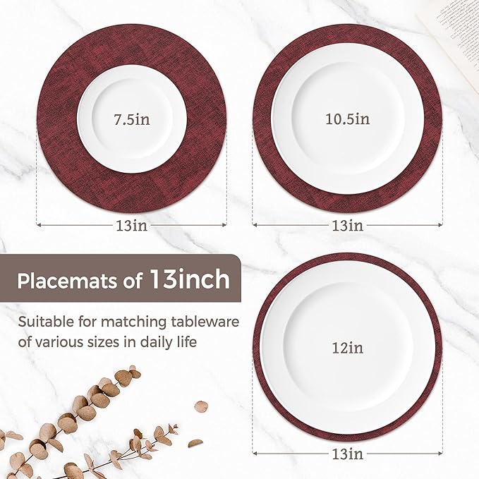 13"Round Placemats Set of 6, Reversible Faux Leather Heat Resistant Table Mats, 100% Waterproof Oilproof Wipeable Table Protective Placemats for Vinyl, Washable for Indoor & Outdoor Use (6, burgundy)