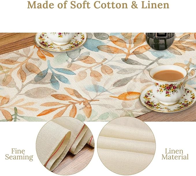 Fall Eucalyptus Leaf Table Runner, Autumn Orange Blue Leaves Harvest Thanksgiving Table Runner for Holiday Dining Room Kitchen Table Party Decoration, 13x60inch