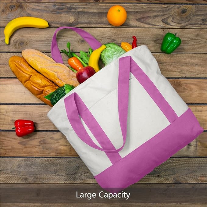TOPDesign 6-Pack Canvas Tote Bags with an External Pocket, Reusable Grocery Shopping Bags, Top Zipper Closure, Daily Essentials (Light Purple/Natural)