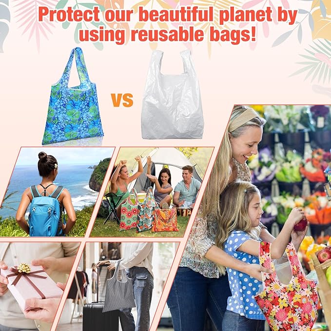 Eccliy 24 Pieces Reusable Grocery Bags Polyester Shopping Bags for Groceries Multi Colors Reusable Foldable Shopping Tote(Plants Style)