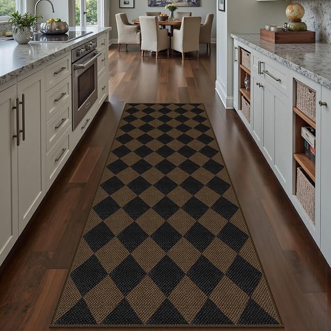 Easy Jute Checkered Runner Rug, 2x6 Coffee Modern Washable Rugs Runner for Hallway Non-Slip Kitchen Runner Rug, Geometric Diamond Indoor Outdoor Carpet for Porch Laundry Entryway