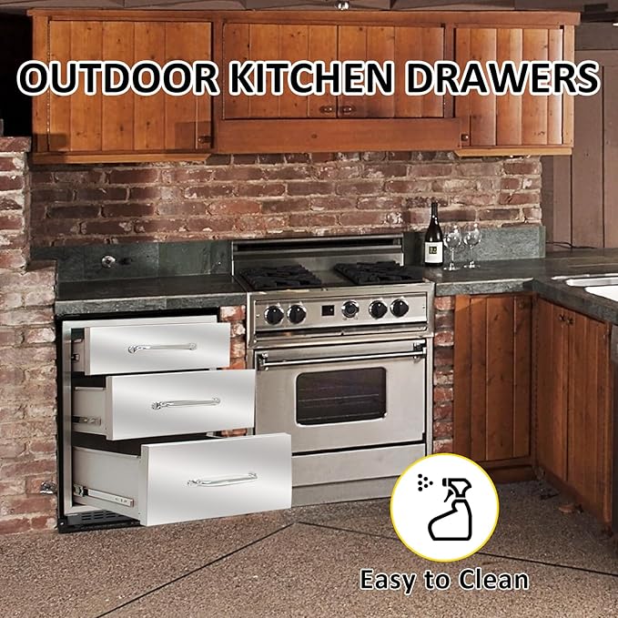 Outdoor Kitchen Drawers 20" W x 27" H x 23" D Flush Mount Triple BBQ Drawers with Chrome Handle Stainless Steel Drawer for Outdoor Kitchen Island, Patio Grill Station