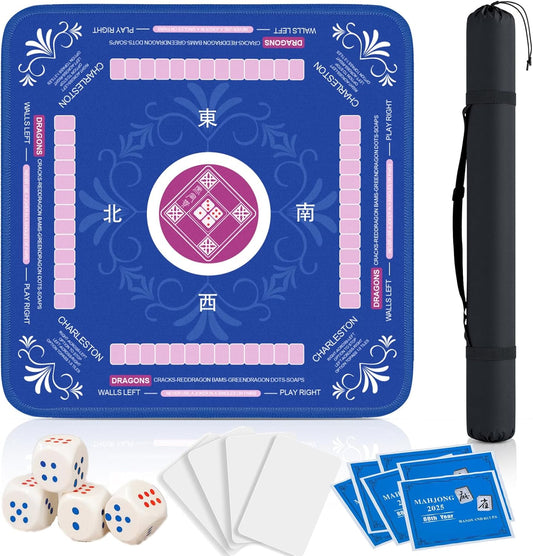 Mahjong Mat with Rules for Table with 6 Mahjong Playing Instructions,4 Mahjong Tile Mixer,4 Dice & Carrying Bag,Non-Slip and Silent Travel Mahjong Set for Mahjong/Poker/Board Games/Card Games/Dominoes