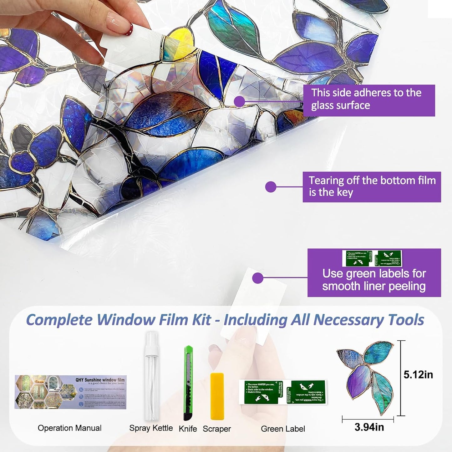 Stained Glass Window Privacy Film Decorative Rainbow Static Clings – Ideal for Home & Office, Adhesive-Free, Removable, UV-Blocking (Purple Rainbow, 17.5 X 78.7 in)