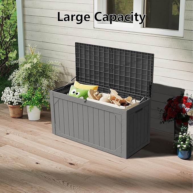 100 Gallon Resin Deck Box, Waterproof Outdoor Storage Box for Patio Furniture, Garden Tools, and Pool Accessories, Lockable UV-Resistant Storage Bin Bench Cabinet for Outside, Grey