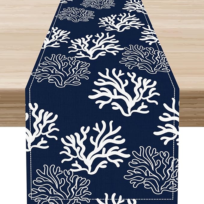 Coastal Table Runner, Summer Seasonal Beach Navy Blue Coral Nautical Tropical Ocean Marine Farmhouse Rustic Table Center Decor for Home Kitchen Dining Patio Indoor Outdoor Decorations, 13"x36" Inch