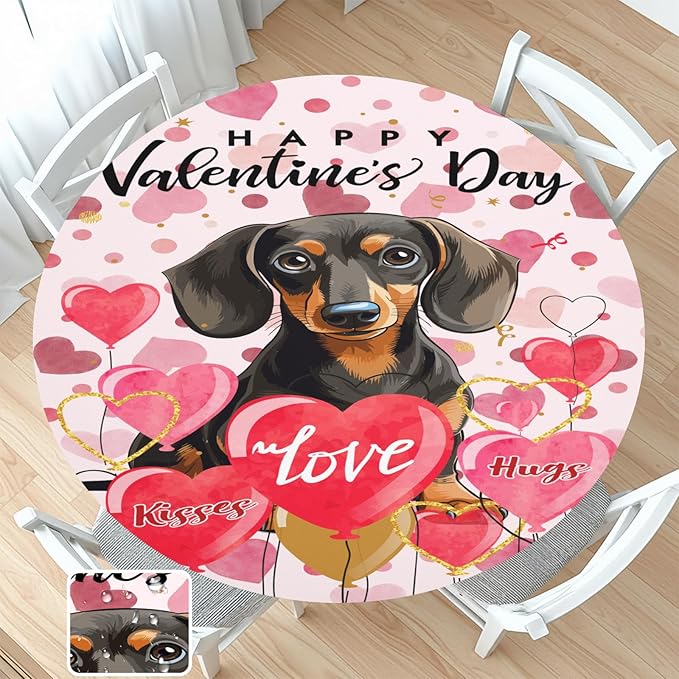 Valentines Day Round Fitted Tablecloth with Elastic Pink Love Heart Dog Circle Table Cloth for 44-48" Tables Wipeable Waterproof Washable Valentine Puppy Table Cover for Picnic Dining Party Decor