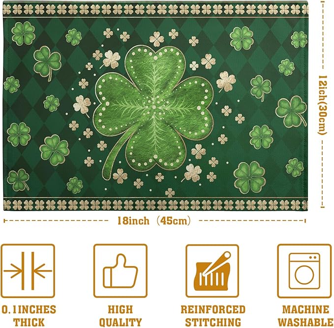 Green Shamrock St Patricks Day Placemats Set of 4 Lucky Clover Plaid Check Table Mat 12x18 Inch St. Patrick's Day Seasonal Holiday Place Mats Spring Linen Placemat for Party Kitchen Dining Decor